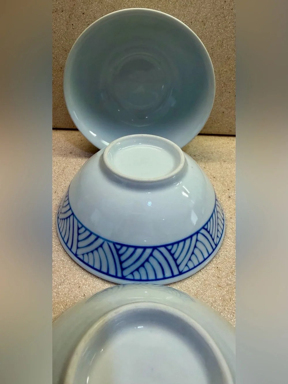 Blue Wave Geometric Pattern Porcelain Serving Rice Bowls - Set of 3 White w/Blue